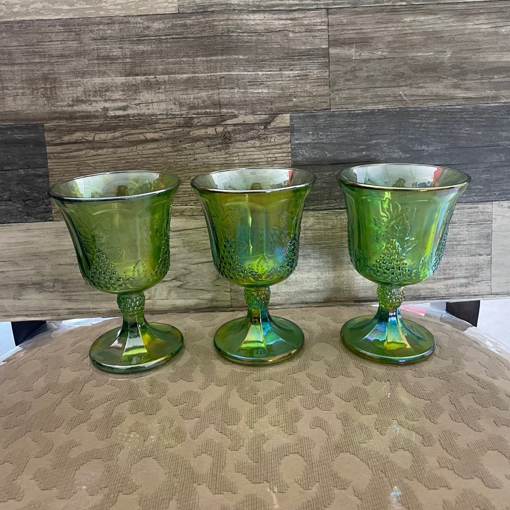 Vintage Indiana Glass Green Carnival Glass Harvest Grape Goblets Set of 3 Wine